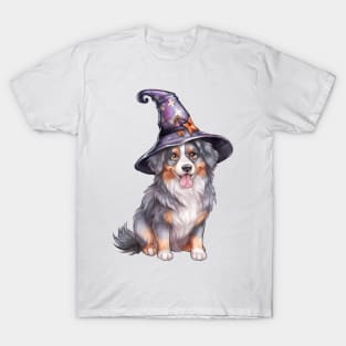 Watercolor Australian Shepherd Dog in Witch Hat T-Shirt